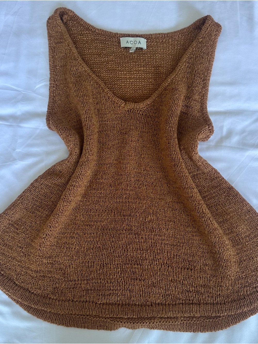 ACOA Brown Knit V-Neck Tank Top Sleeveless Textured Sweater Boho Summer Small